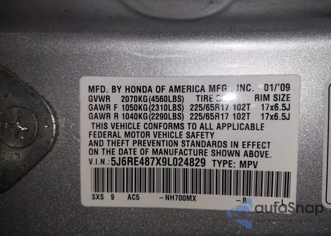 2009 Honda Cr-V Ex-L from USA, damaged, VIN 5J6RE487X9L024829